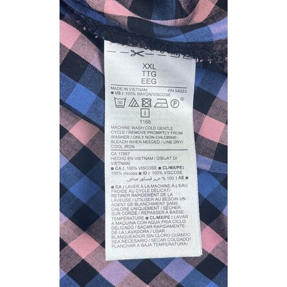 Old Navy Blouse Women XXL 2XL Blue Pink Plaid Long Sleeve Tunic V Neck Peasant - Picture 10 of 10